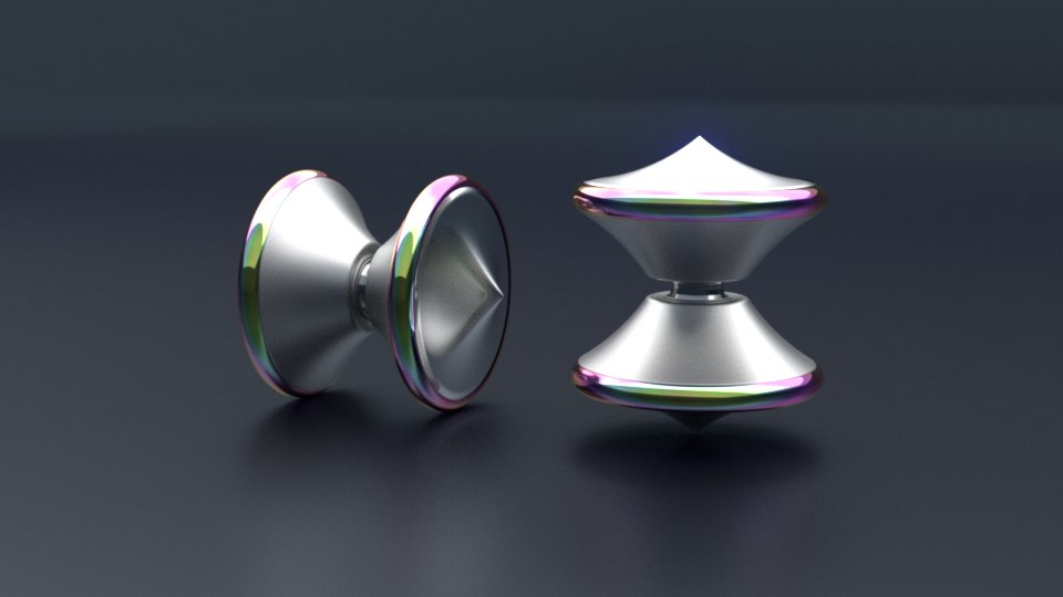 3d render of a pair of silver and rainbow-ringed yoyo/spin top combinations over a dark grey background.