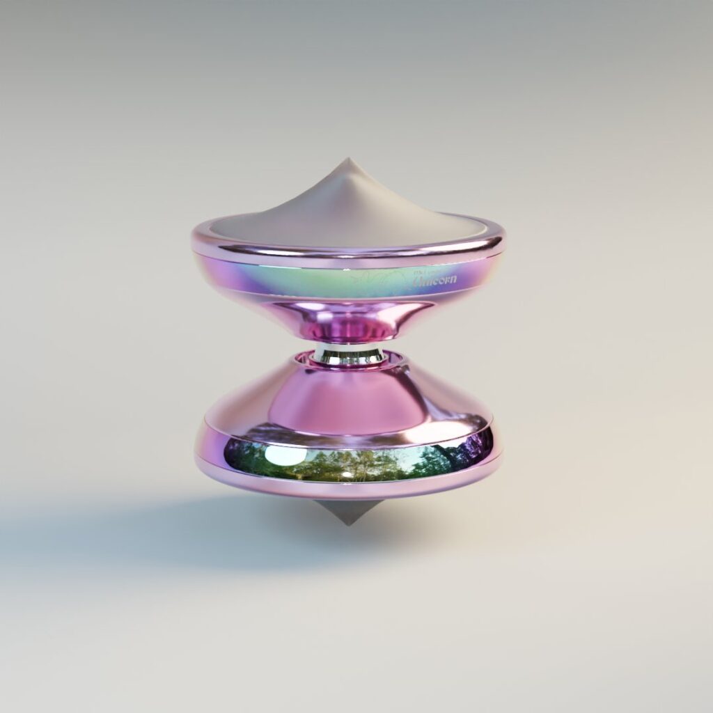3D Rendering of a shiny pink metal yoyo, balancing on its side on top of a pointy, frosted, clear polycarbonate cap. The yoyo has profile-set rainbow coated steel rings. The top ring has a "MK1 UNICORN" engraving barely visible. The background is pale greige, with soft shadows, the light source on the upper right. The steel rings show a forest scene in the reflections.