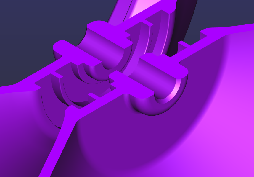 3d cutaway view of the "guts" area of the yoyo design, showing the tap-through axle area, bearing seat, response moat, and cup, in purple.