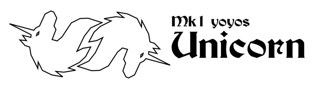 Logotype that says "Mk1 yoyos Unicorn" next to two vector black and white unicorn head outlines.