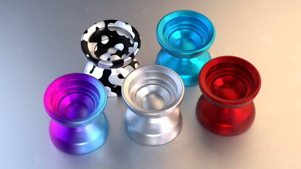 Five mk1 path yoyos in a 3d render with diffuse lighting.