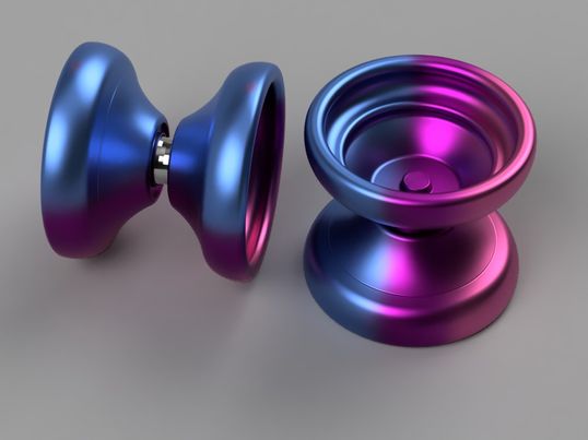 A 3d render of a pink and blue yoyo on a grey field.