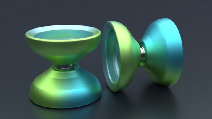 A 3d render of a green and blue yoyo.